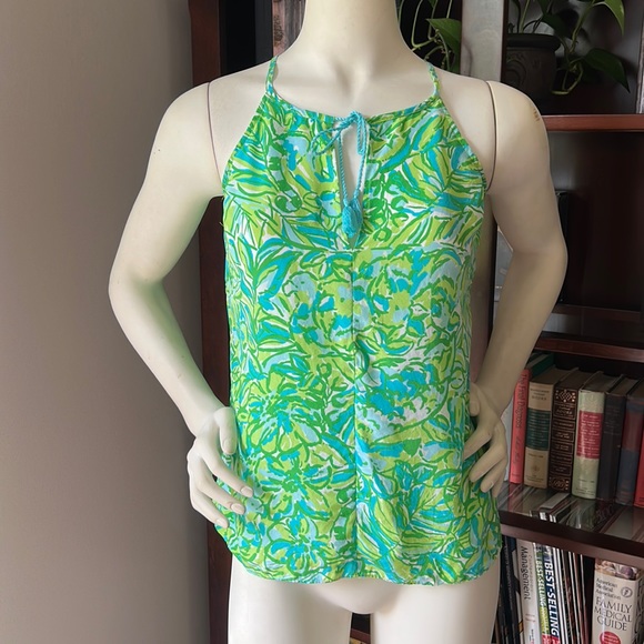 Lilly Pulitzer Silk Finn halter top in Fresh Citrus Green Parrot - Picture 2 of 6